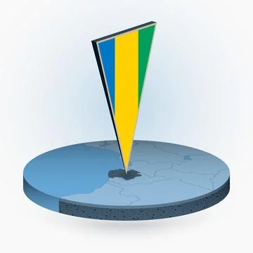 Gabon map in round isometric style with triangular 3D flag of Gabon Stock Illustration