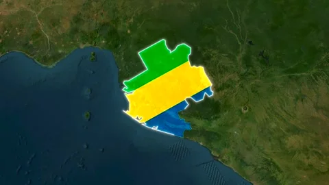 Gabon national flag map animation overlaying realistic earth footage Vídeo Stock 343950364