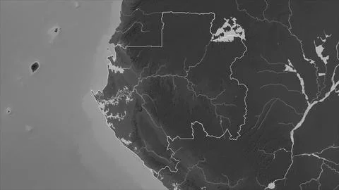Gabon outlined on a Grayscale elevation map with lakes and rivers Illustrazione stock
