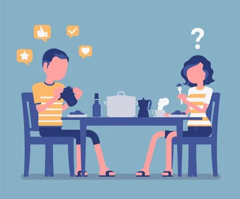 Gadget addiction, guy at dinner dependent on food photography Stock Illustration