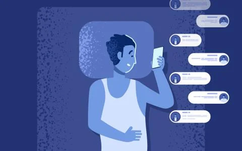 Gadget addiction problem. Flat man in bed with smartphone. Man chatting at night Stock Illustration