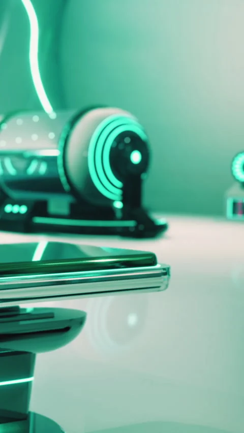 Gadget and device setup in futuristic green lighting environment Stock Footage 335691132