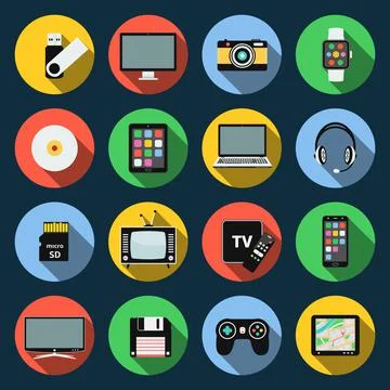Gadget flat icons. Computer, laptop, tablet, flash drive, camera, smartphone  Illustrazione stock
