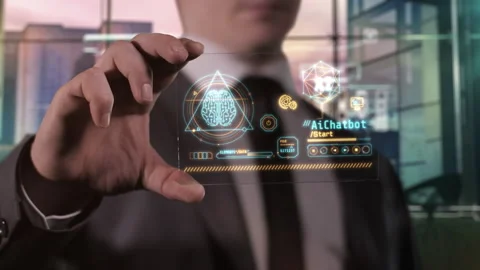Gadget of the future with infographics about artificial intelligence. Stock Footage 252743869