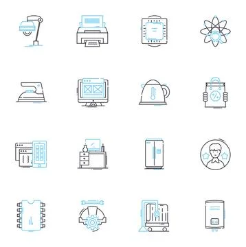 Gadget inventory linear icons set. Smartwatch, Smartph, Laptop, Tablet, Keyboard Stock Illustration