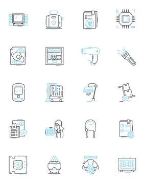 Gadget inventory linear icons set. Smartwatch, Smartph, Laptop, Tablet, Keyboard Stock Illustration