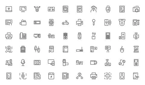 Gadget line icon set. Includes laptop, tablet, smartphone, drone, computer .. Stock Illustration