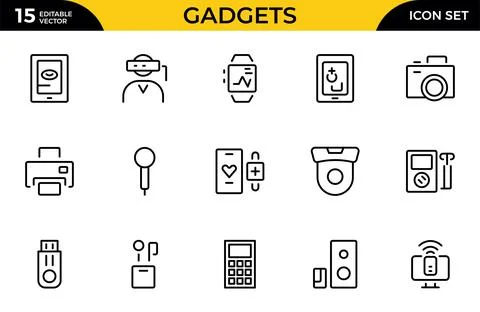 Gadget line icon set. Includes laptop, tablet, smartphone, drone, computer .. Stock Illustration