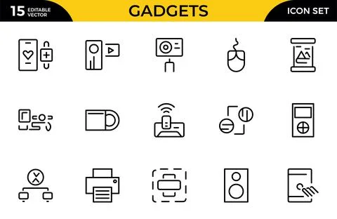 Gadget line icon set. Includes laptop, tablet, smartphone, drone, computer .. Stock Illustration
