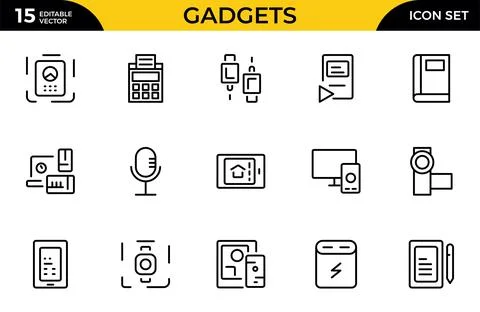 Gadget line icon set. Includes laptop, tablet, smartphone, drone, computer .. Stock Illustration