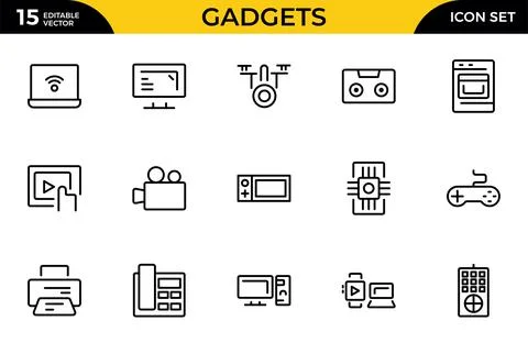 Gadget line icon set. Includes laptop, tablet, smartphone, drone, computer .. Stock Illustration