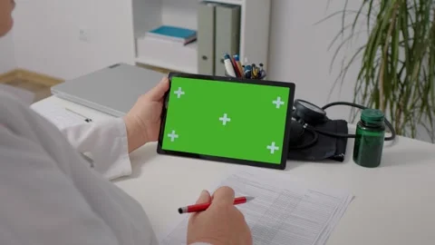 Gadget tablet with green screen hold by medical assistant. Stock Footage 299633262