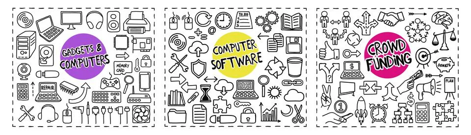Gadgets and Computers, Computer Software and Crowd Funding doodle icons set Stock Illustration