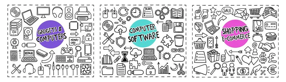 Gadgets and Computers, Computer Software and Shopping doodle icons set Stock-Illustration