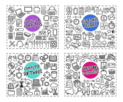 Gadgets, Computer Software, Customer Service, Shopping doodle icons set Stock Illustration