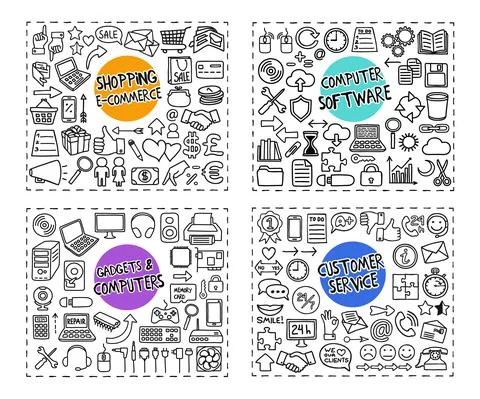 Gadgets, Computers, Computer Software, Customer Service, Shopping doodles set Stock Illustration