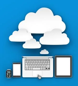Gadgets connecting to cloud with copyspace, 3d render Stock Illustration