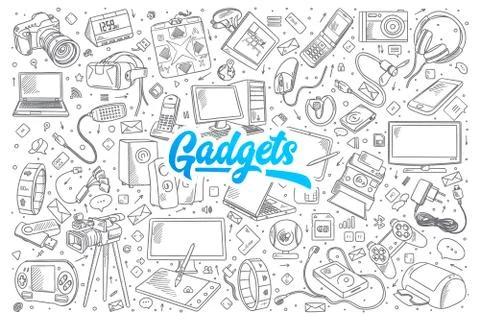 Gadgets doodle set with lettering Illustrazione stock