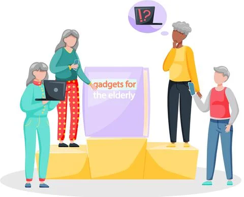 Gadgets for elderly, developing skills in using technologies for seniors Stock Illustration