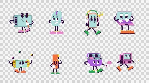 Gadgets groovy retro characters animation set Stock Footage 334659824