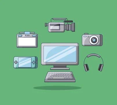 Gadgets technology device design pc camera film psp headphones tablet Stock Illustration