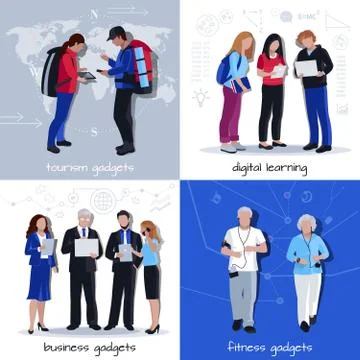 Gadgets Use 4 Flat Icons Square 스톡 일러스트