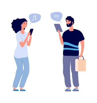 Gadgets using. People chatting, man woman search information in internet. Web Stock Illustration