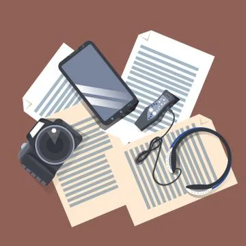 Gadgets On Workplace Top Angle View, Modern Camera, Music Player With Headphones Stock Illustration