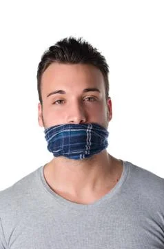 Gagged young man cannot speak Stock Photos