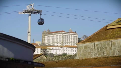 Gaia cable car cabin moving with the Monastery in the background. Stock Footage 327624635