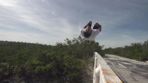 Gainer Over Bridge Hand Rail into River Stock Footage 87723178