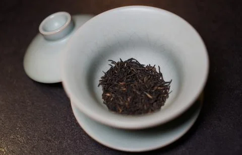 Gaiwan on the tea table selective focus. Gongfu cha tea ceremony. Stock Photos