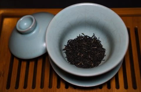 Gaiwan on the tea table selective focus. Gongfu cha tea ceremony. Stock Photos