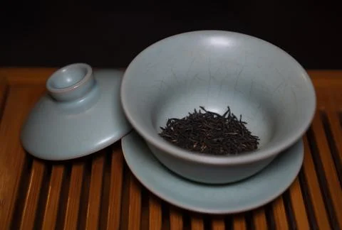 Gaiwan on the tea table selective focus. Gongfu cha tea ceremony. Stock Photos