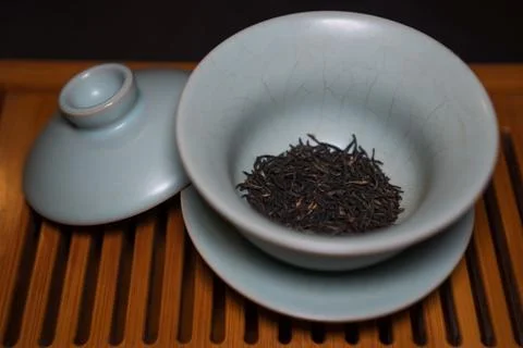 Gaiwan on the tea table selective focus. Gongfu cha tea ceremony. Stock Photos
