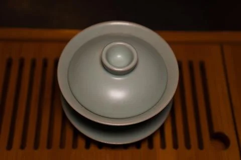Gaiwan on the tea table selective focus. Gongfu cha tea ceremony. Stock Photos