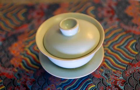 Gaiwan on the tea table selective focus. Gongfu cha tea ceremony. Stock Photos