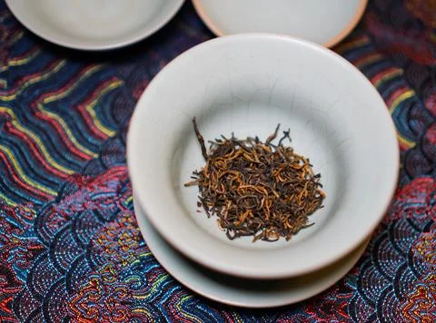 Gaiwan on the tea table selective focus. Gongfu cha tea ceremony. Stock Photos