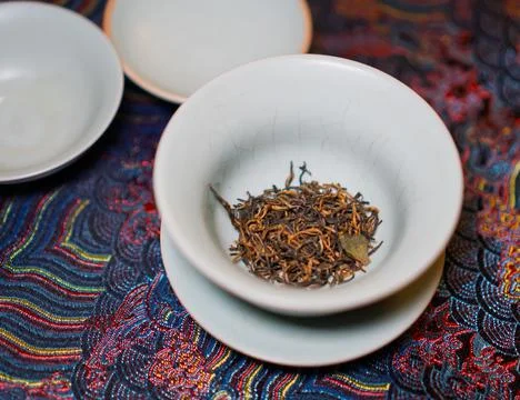 Gaiwan on the tea table selective focus. Gongfu cha tea ceremony. Stock Photos