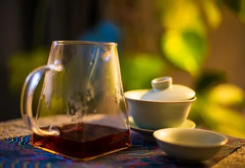 Gaiwan on the tea table selective focus. Gongfu cha tea ceremony. Stock Photos