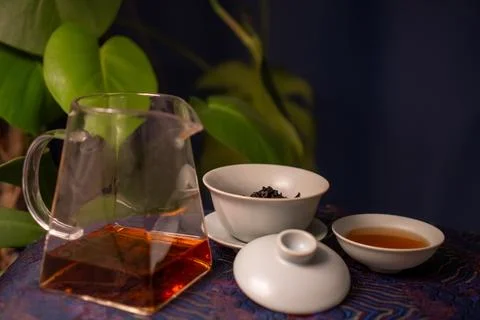Gaiwan on the tea table selective focus. Gongfu cha tea ceremony. Stock Photos
