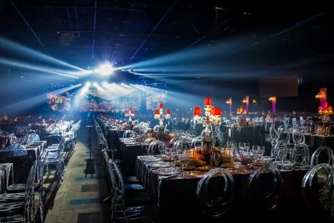 Gala Dinner Event Dinner Decor in dark room Stock Photos