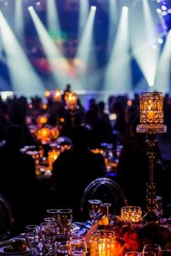 Gala Dinner Event Dinner Decor in dark room Stock Photos