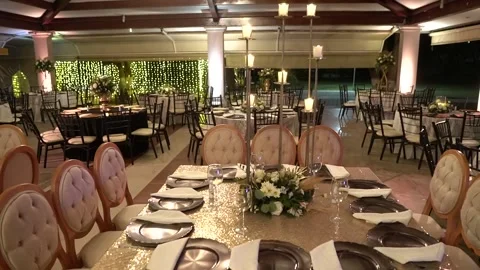 Gala night in event hall ready for elegant dinner Stock Footage