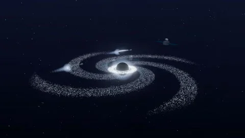 Galactic accretion disk vortex with satellites and spaceships orbiting a black Stock Footage 340201664