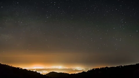 Galactic Centre Passing Over City Airplane Stripes And Shooting Stars Stock-Footage 88567814