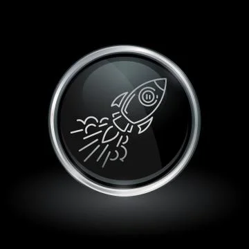 Galactic spacecraft icon inside round silver and black emblem Stock Illustration