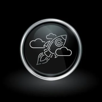 Galactic spacecraft icon inside round silver and black emblem Stock Illustration