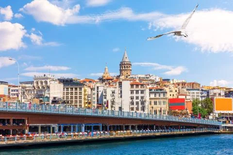 The Galata Bridge and the Galata Tower in Istanbul, Turkey Stock Photos