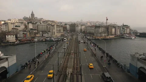 Galata Bridge, Drone fly over with traffic in winter, oe01 Stock Footage 244593380